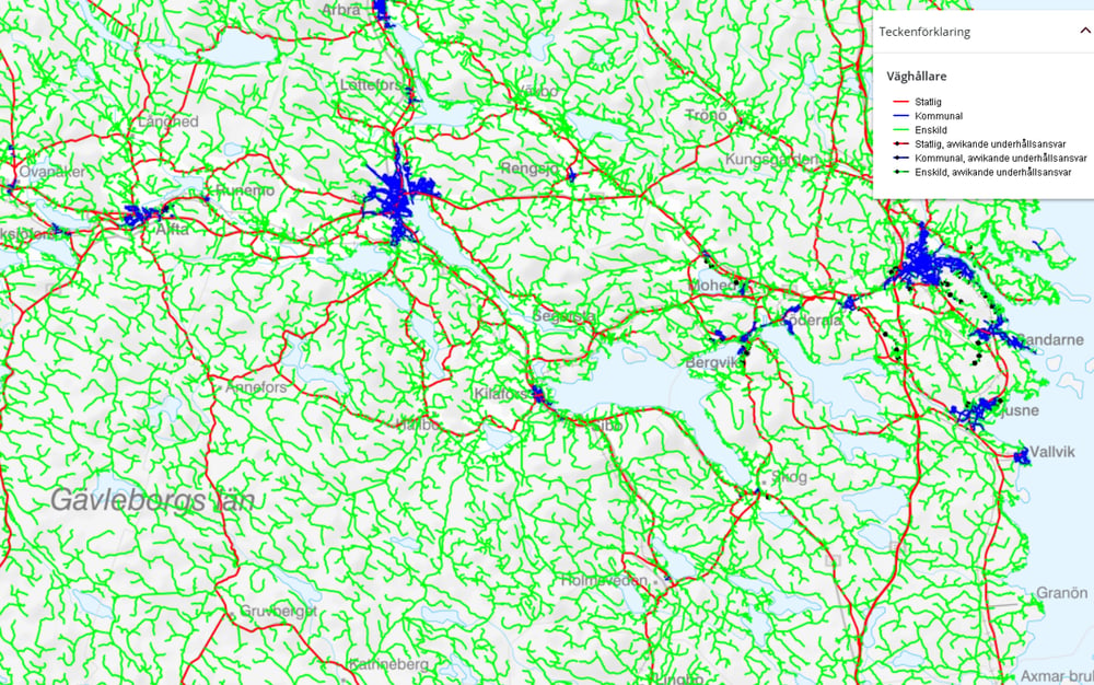 Kartbild över vägnät i södra Hälsingland från Trafikverkets karttjänst