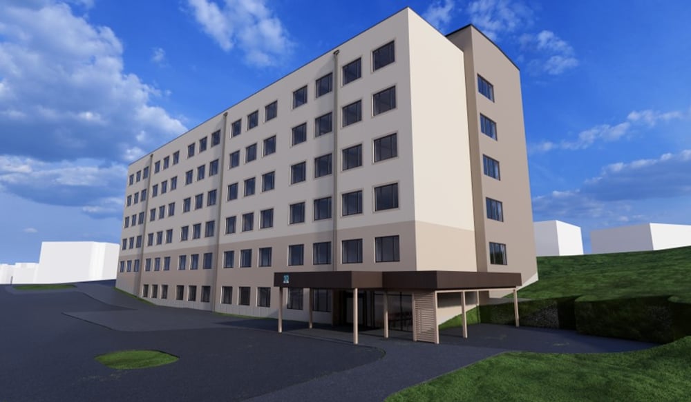 En arkitektrendering av hur hus 10 på Hudiksvalls sjukhus kan komma att se ut efter ombyggnation. 