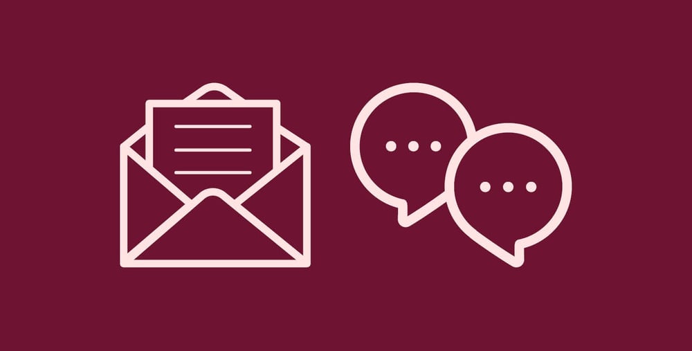 Två ikoner som symboliserar dialog med mörkröd bakgrund