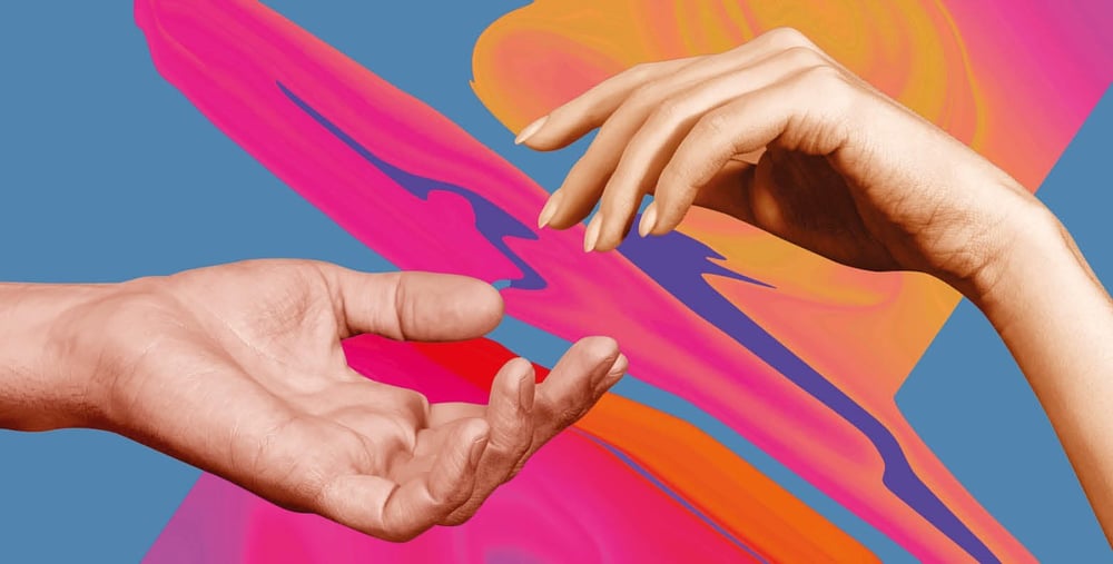Grafisk bild med två händer mot varandra och en blå/lila/rosa bakgrund