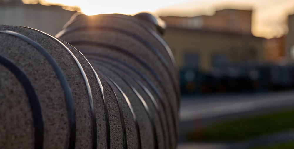 Granitskulptur i form av ett får i stadsmiljö, fotograferad i motljus.
