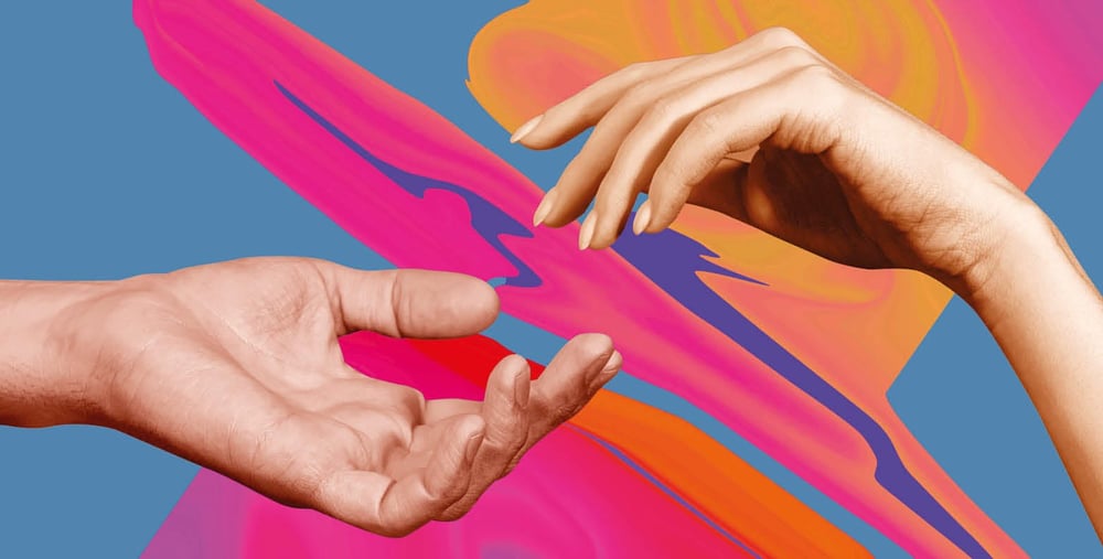 Grafisk bild med två händer mot varandra och en blå/lila/rosa bakgrund