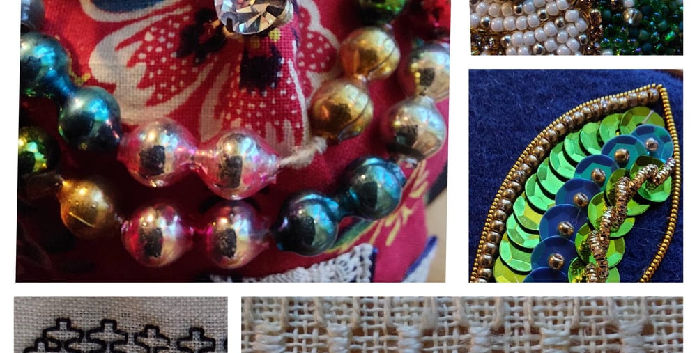 Kollage av fem olika broderier