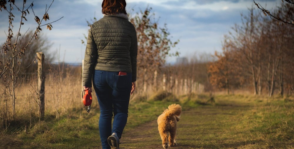 Kvinna promenerar med hund