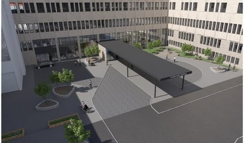 Visualisering av den nya huvudentrén på Hudiksvalls sjukhus, sedd utifrån. Den nya länkbyggnaden mot hus 23 är också synlig i bild. 