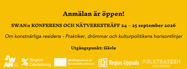 En gul affisch med en svartvit bild.