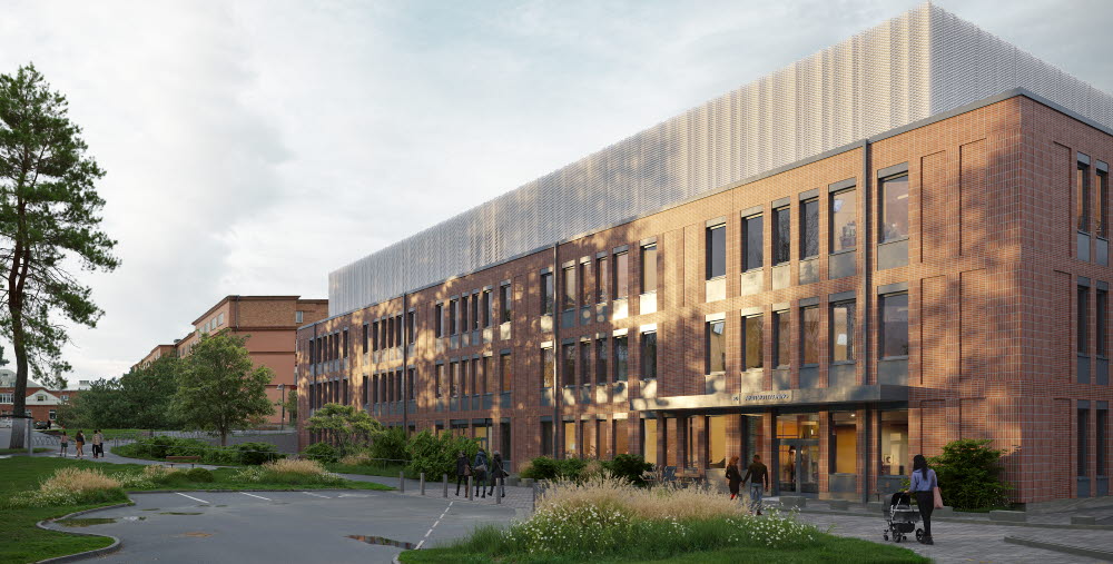 Bilden visar en arkitektillustration av färdiga hus 63 på Gävle sjukhus. Byggnaden kommer att rymma en ny akutmottagning och ett samlat flöde för förlossning, BB och neonatalvård. 