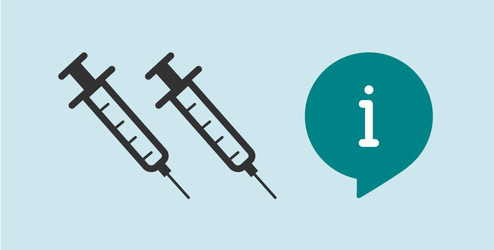Illustration av två sprutor och en pratbubbla med informations-i.  