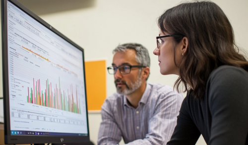 AI-genererad bild
Två personer tittar på en datorskärm som visar ett diagram med staplar och data. Den ena personen skriver på tangentbordet, och båda verkar fokuserade på informationen.