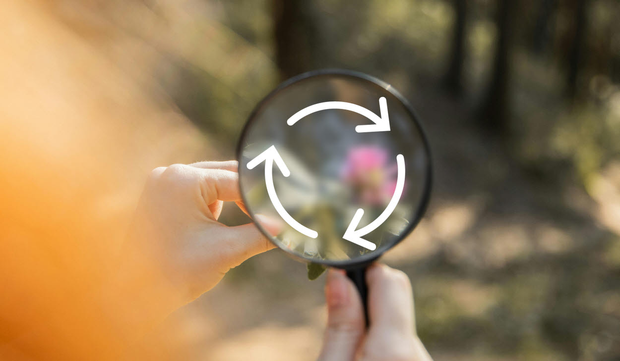 Hand som håller i ett förstoringsglas med skog i bakgrunden. I förstoringsglaset syns en illustration av cirkulär ekonomi