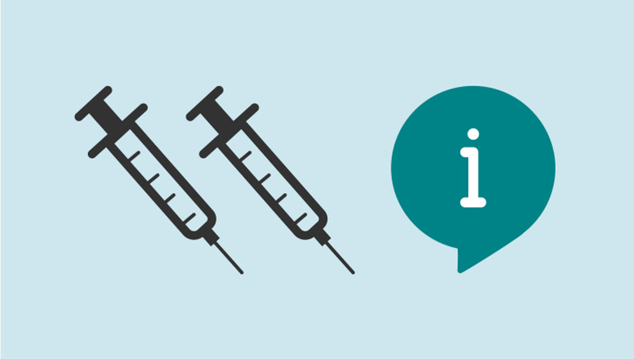 Illustration av två sprutor och en pratbubbla med informations-i.  